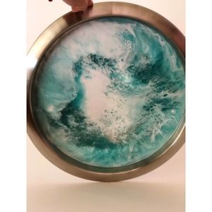 Hand Painted Resin Stainless Steel Two-Tone Round Serving Tray Green and White
